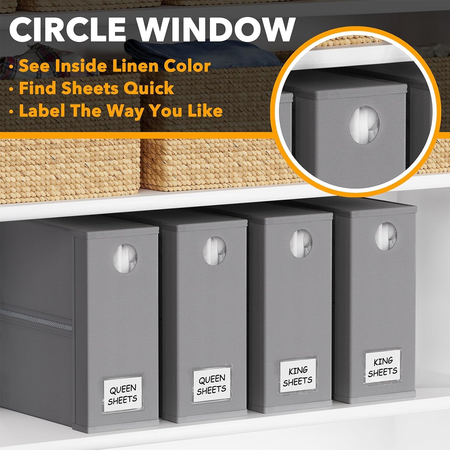 4 Pack Bed Sheet Organizers and Storage, Foldable Organizer for Linen Closet, Sheets Set Folder Keeper with Window XL (Queen & King Size) Organizing Bedding Container, Gray (91ZDSN-SL01-G4)