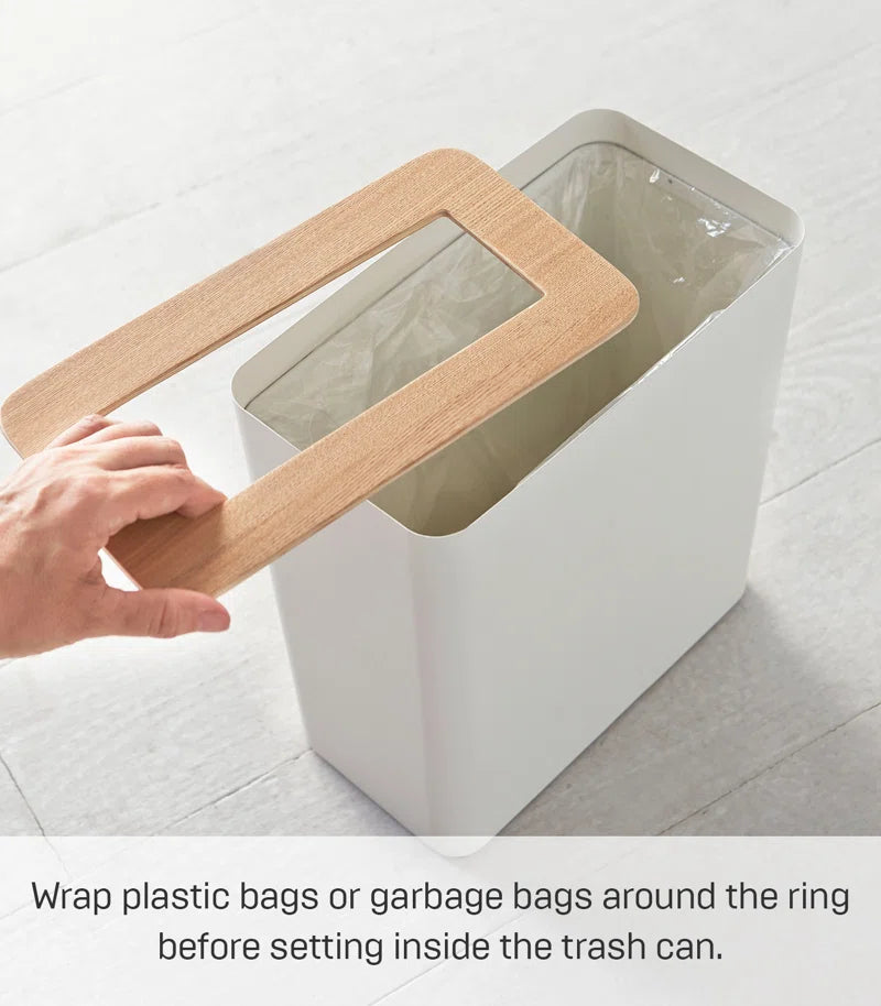 Rin  Slim Rectangular Trash Can for Kitchen Bathroom Bedroom, Steel + Wood, 2.5 Gallons