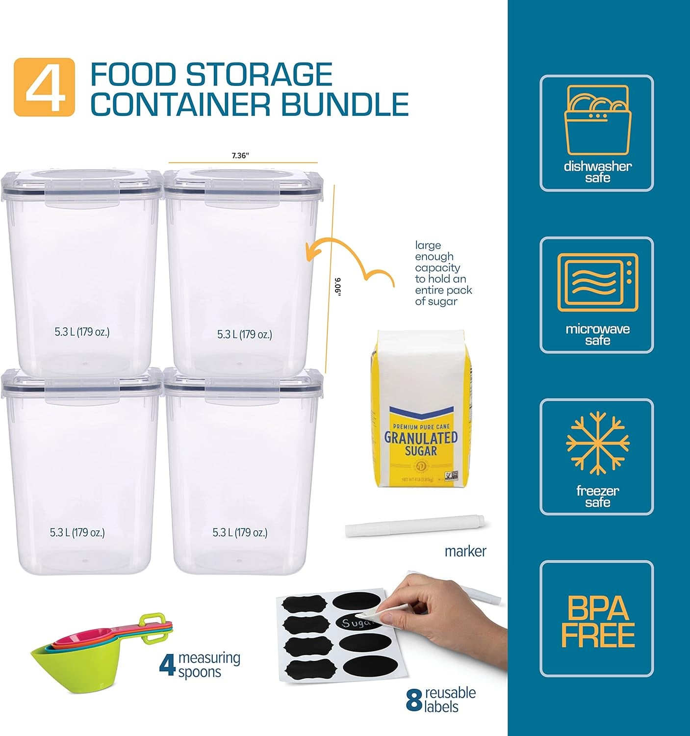 Flour Sugar Storage Containers (5.3L/4Pk) Great Rice Canisters Sets for the Kitchen Pantry, Large Food Storage Containers with Lids Airtight