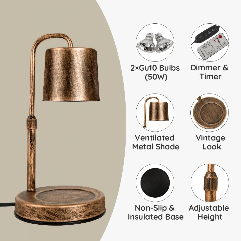 Vintage Metal Candle Warmer Lamp, with Dimmer and Timer & 2 Bulbs, Gifts for Bedroom Living Room