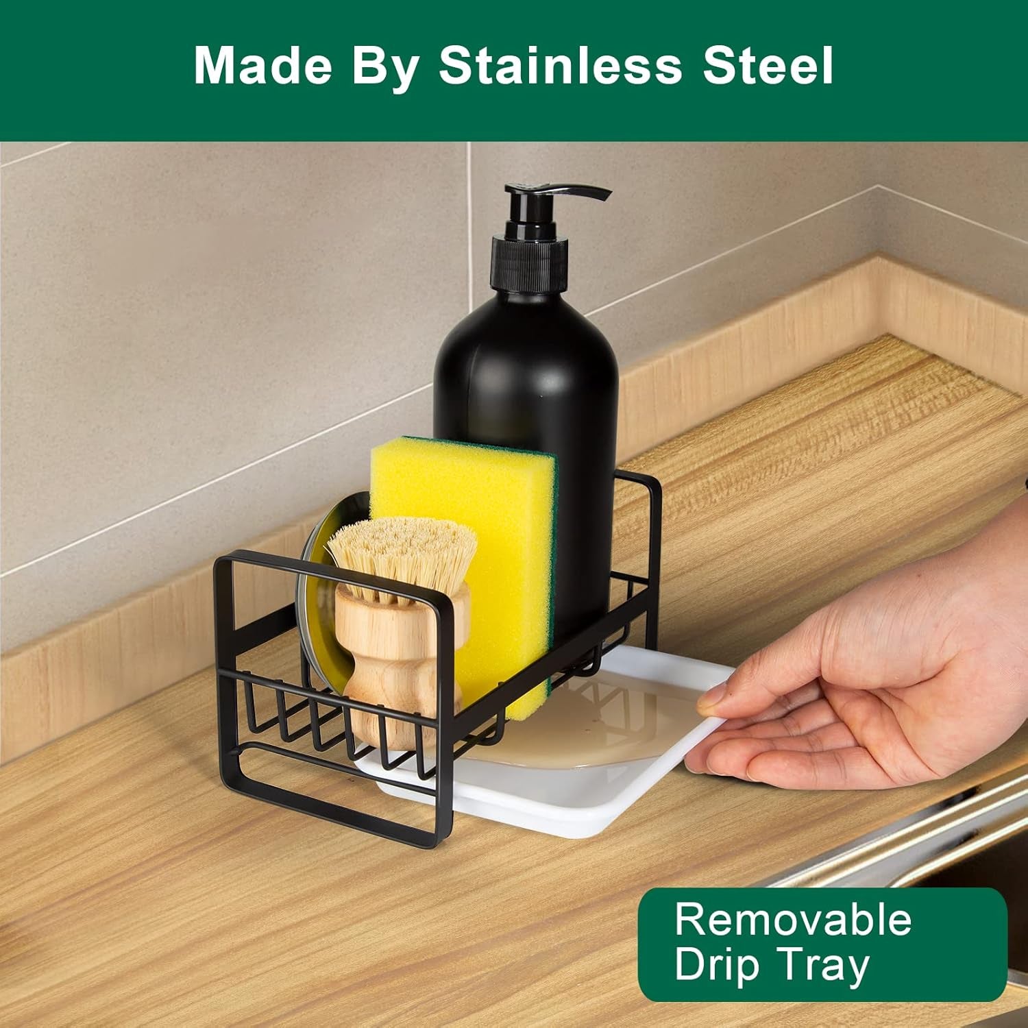 Sponge Holder for Kitchen Sink- Stainless Steel Kitchen Sink Caddy for Organizing Sponge, Brush & Soap Dish Dispenser, Coutertop Organizer Rack with Adhesive or Counter Top, Black