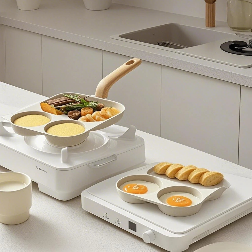 Breakfast Frying Pan Multi-Section Fried Egg Burger Pot Wheat Rice Stone Steak Pot Nonstick Three-In-One Cookware Omelet Pan
