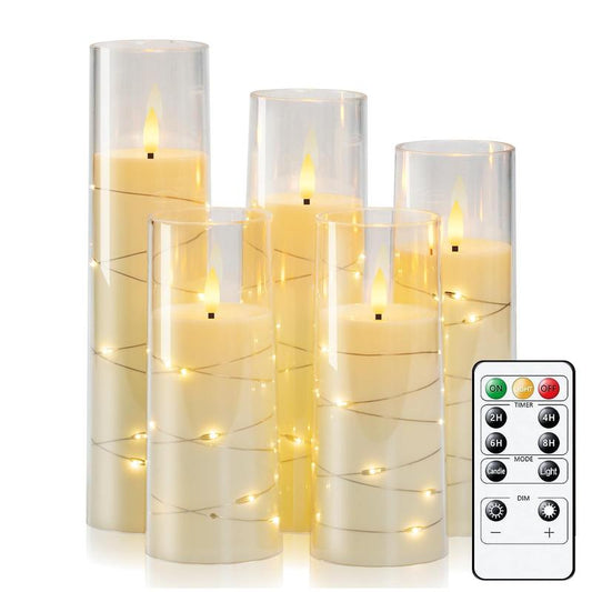 Raycare Flameless LED Candles with Embedded Star String, 5 Pcs Battery Operated Acrylic Pillar Candles with Timer and Remote, Flickering Candles for Romantic Ambiance and Home Decoration Mood Decorative